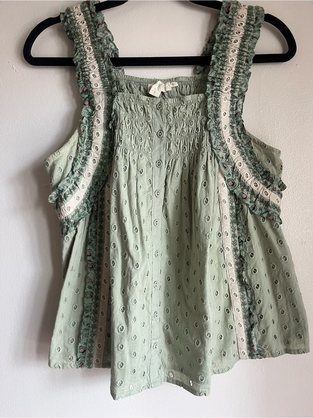 Free People Sage Green Eyelet Ruffle Strap Tank